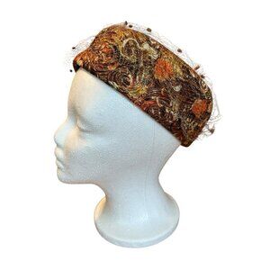 Vintage Union Made USA Womens Brocade Cocktail Hat Gold Brown Veil Mid Century
